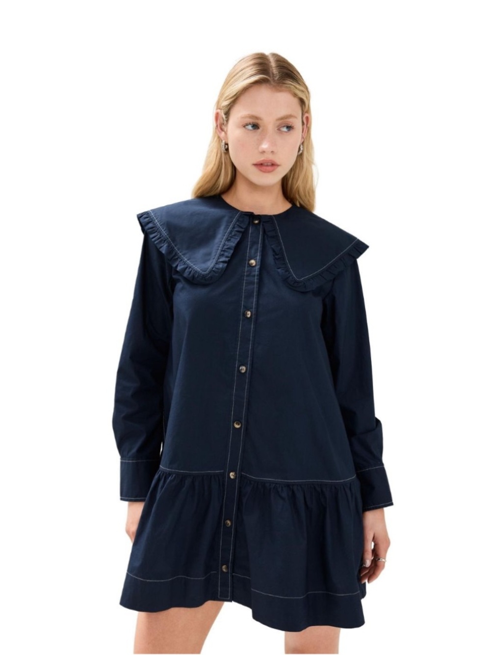 Women's Blue Poplin Big Collar Mini Shirt Dress 36 4 S